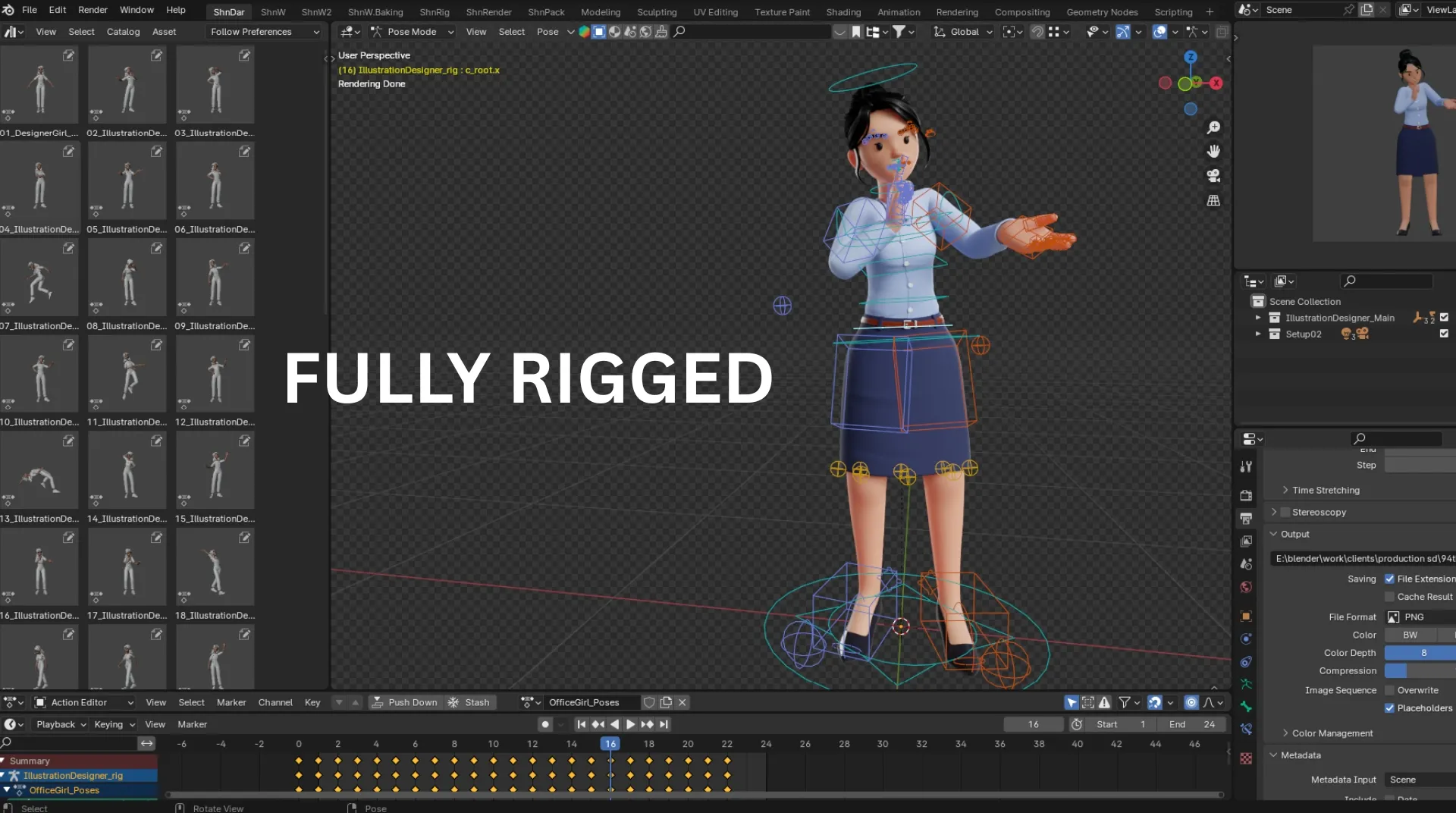 Fully rigged Business Office Cartoon Woman 3D character in Blender with rig controls
